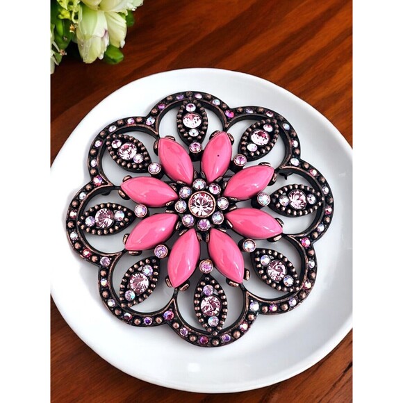 Vintage 1990s Joan Rivers Floral Brooch Pink Cabochon Crystal Copper Tone - 6E - Picture 4 of 5